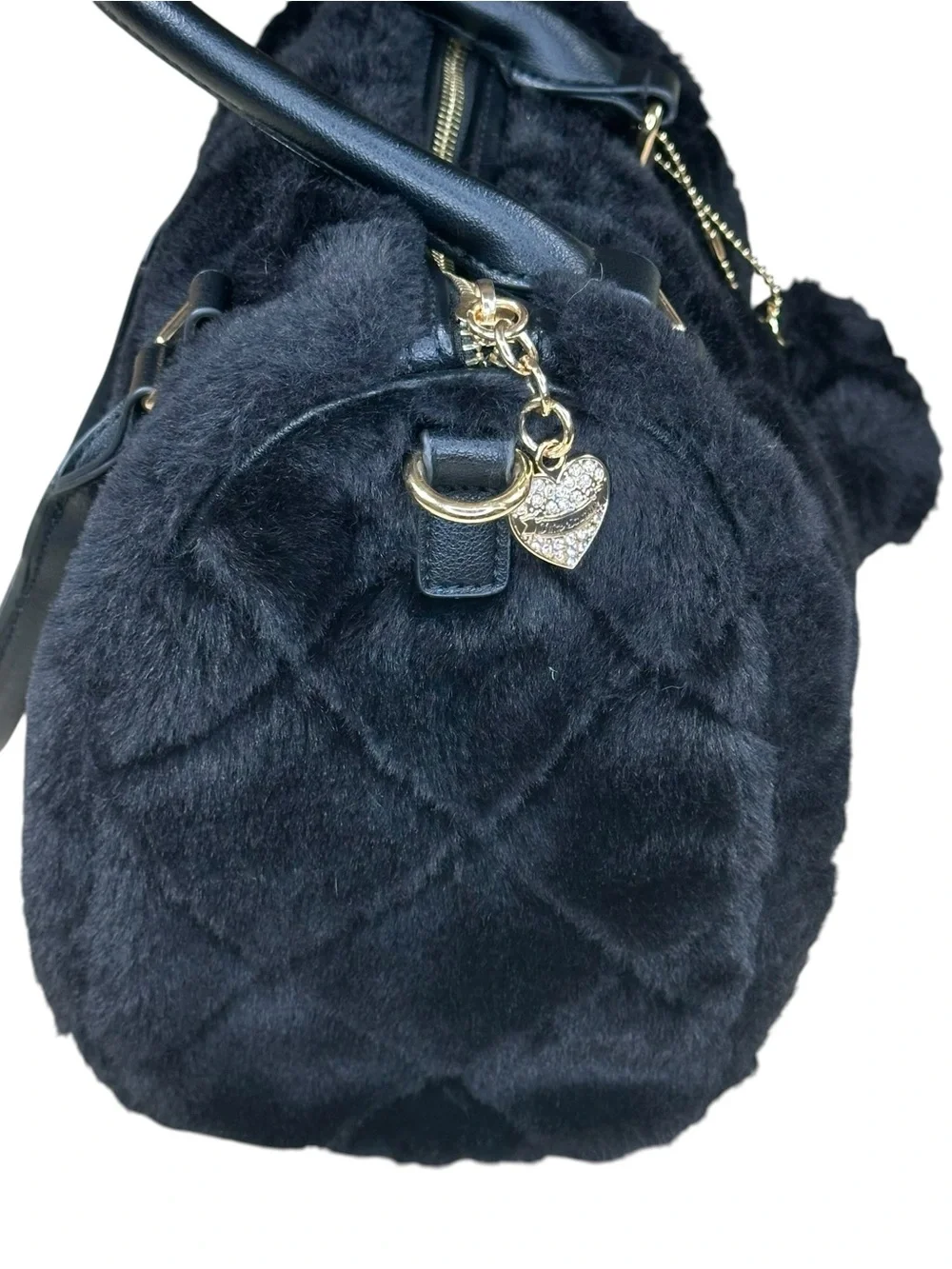 Juicy Couture Let's Get Cozy Black Faux Fur Satchel Purse Heart Logo No Flaws